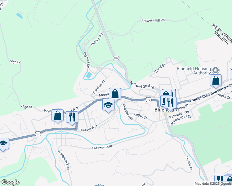 map of restaurants, bars, coffee shops, grocery stores, and more near Meredith St in Bluefield