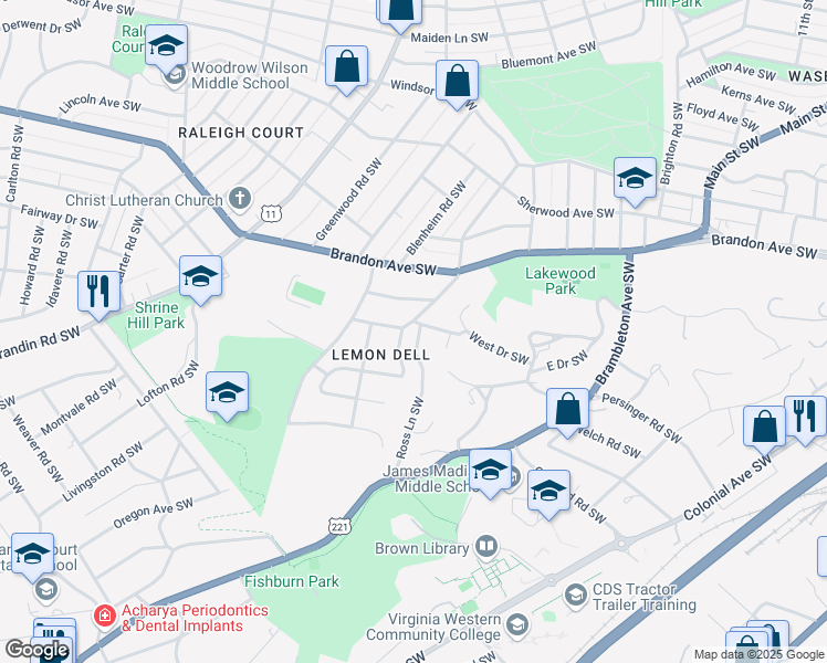 map of restaurants, bars, coffee shops, grocery stores, and more near 2201 Ross Lane Southwest in Roanoke