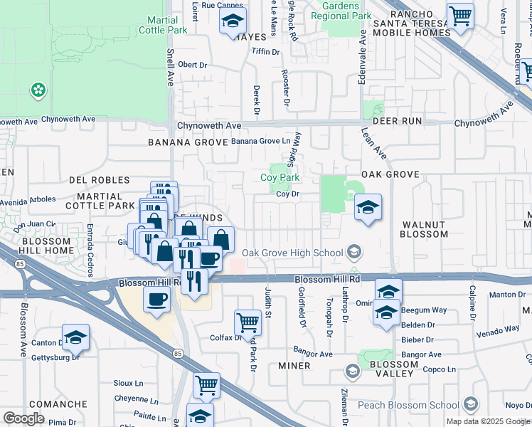 map of restaurants, bars, coffee shops, grocery stores, and more near 5496 Judith Street in San Jose