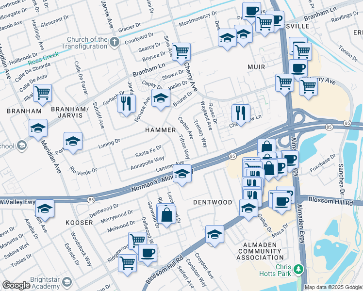 map of restaurants, bars, coffee shops, grocery stores, and more near 5077 Tifton Way in San Jose