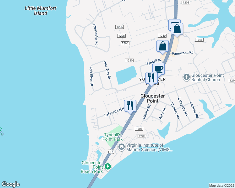 map of restaurants, bars, coffee shops, grocery stores, and more near 7455 Dehardit Avenue in Gloucester Point