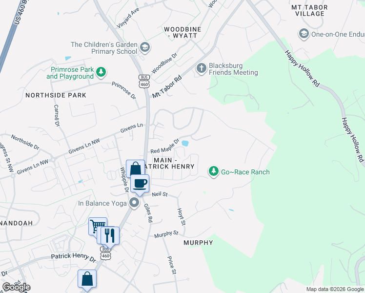 map of restaurants, bars, coffee shops, grocery stores, and more near 1710 North Main Street in Blacksburg