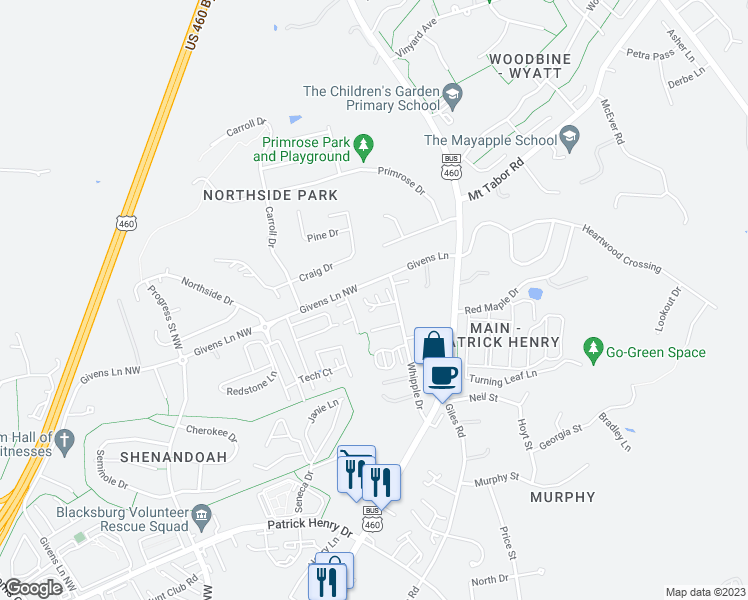 map of restaurants, bars, coffee shops, grocery stores, and more near 1712 Aden Lane in Blacksburg