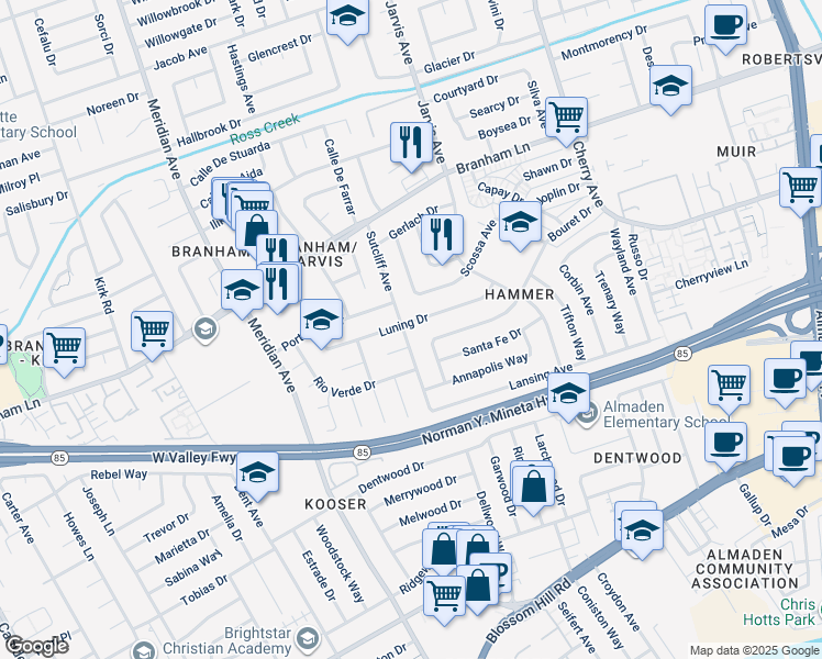 map of restaurants, bars, coffee shops, grocery stores, and more near 1448 Luning Drive in San Jose