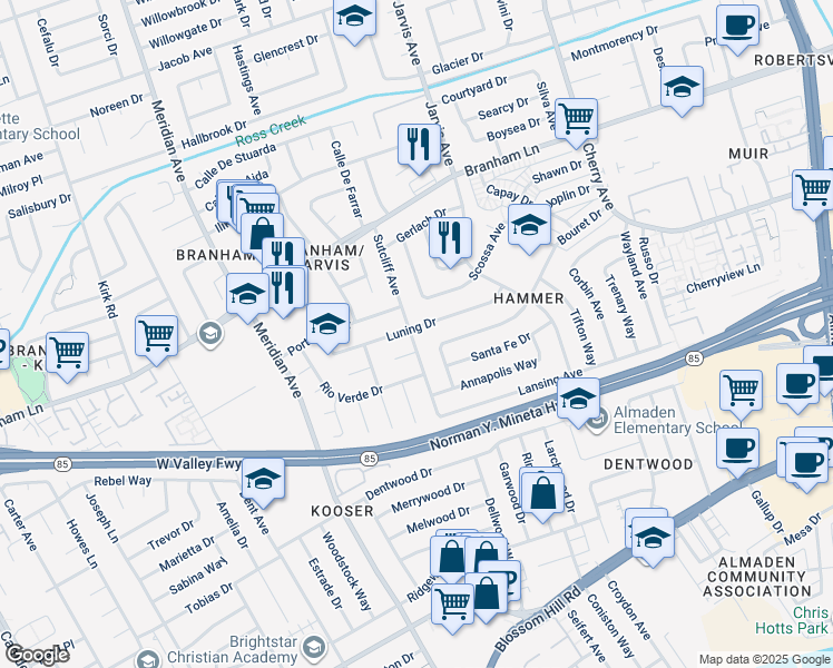map of restaurants, bars, coffee shops, grocery stores, and more near 1448 Luning Drive in San Jose