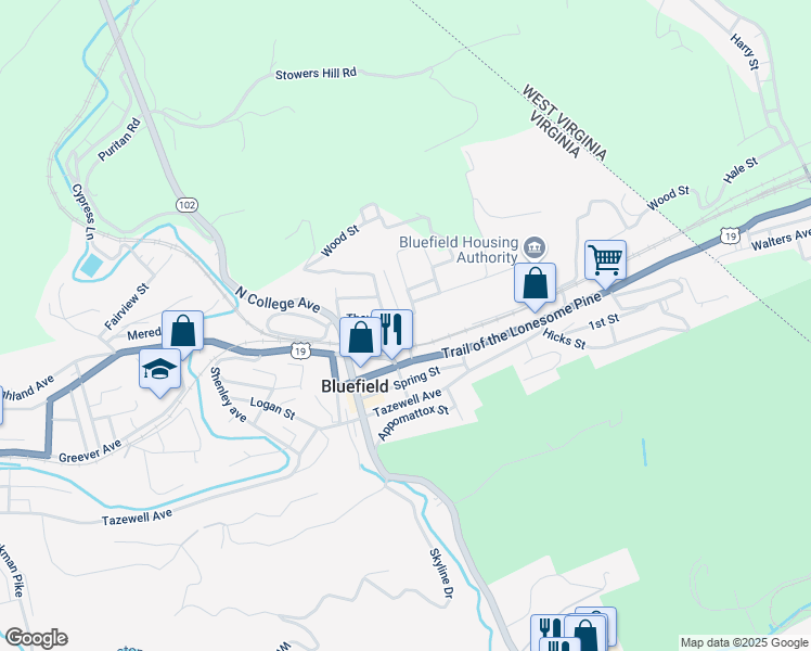 map of restaurants, bars, coffee shops, grocery stores, and more near Depot Street in Bluefield