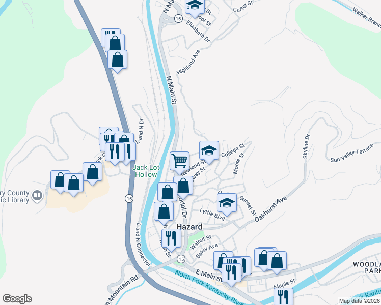 map of restaurants, bars, coffee shops, grocery stores, and more near 165 Eversole Street in Hazard