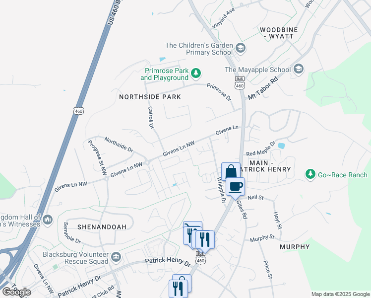 map of restaurants, bars, coffee shops, grocery stores, and more near 1733 Aden Lane in Blacksburg