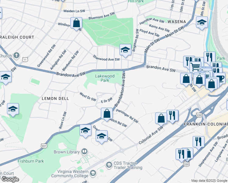 map of restaurants, bars, coffee shops, grocery stores, and more near 1255 Lakewood Drive Southwest in Roanoke