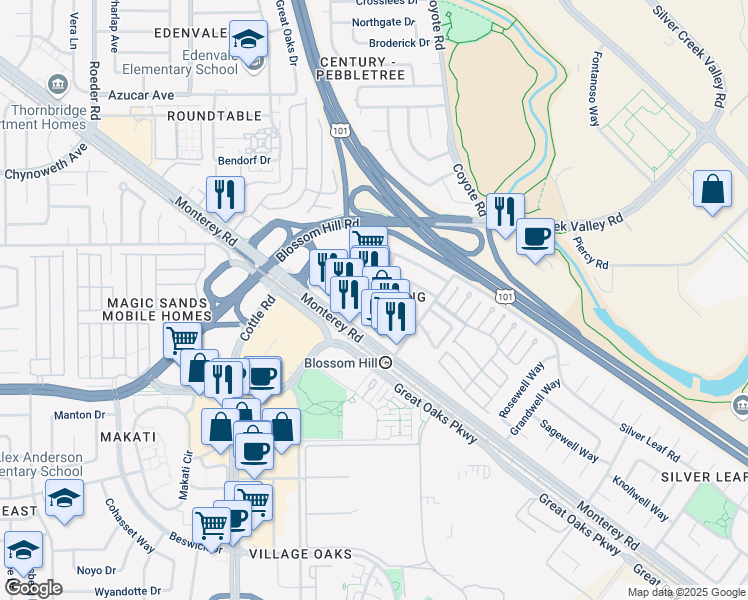 map of restaurants, bars, coffee shops, grocery stores, and more near 5500 Monterey Road in San Jose