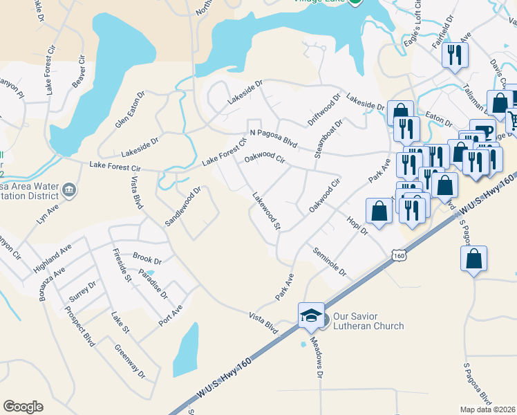 map of restaurants, bars, coffee shops, grocery stores, and more near 208-224 Lakewood Street in Pagosa Springs