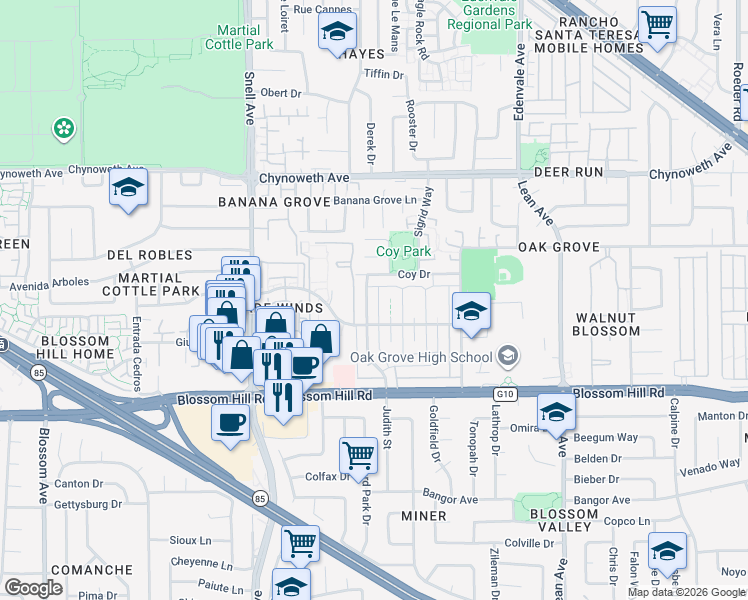 map of restaurants, bars, coffee shops, grocery stores, and more near 5496 Judith Street in San Jose