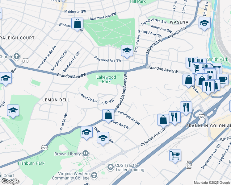 map of restaurants, bars, coffee shops, grocery stores, and more near 1255 Lakewood Drive Southwest in Roanoke