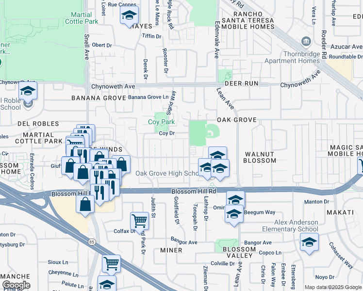 map of restaurants, bars, coffee shops, grocery stores, and more near 5498 Spinnaker Walkway in San Jose