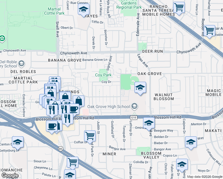 map of restaurants, bars, coffee shops, grocery stores, and more near 5498 Spinnaker Walkway in San Jose