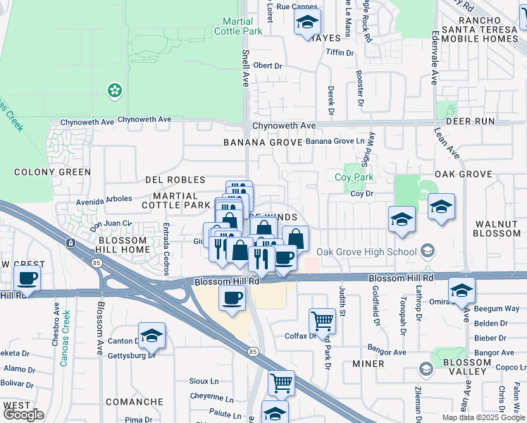 map of restaurants, bars, coffee shops, grocery stores, and more near 5524 Sean Circle in San Jose