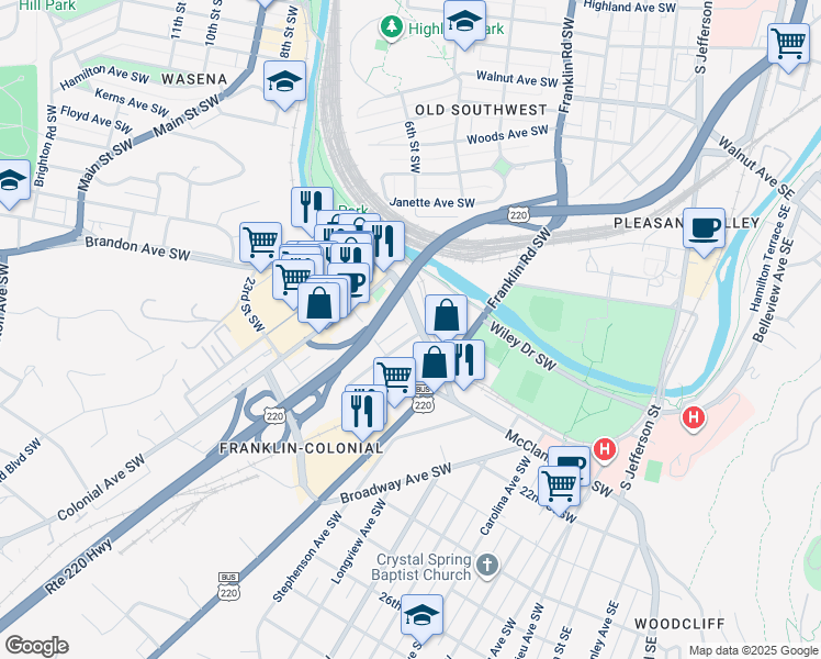 map of restaurants, bars, coffee shops, grocery stores, and more near 2024 Winston Avenue Southwest in Roanoke