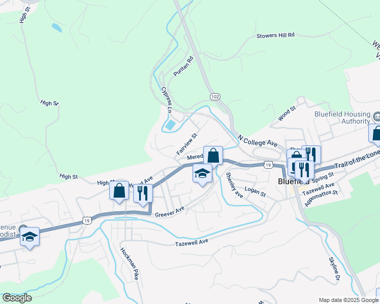 map of restaurants, bars, coffee shops, grocery stores, and more near Meredith Street in Bluefield