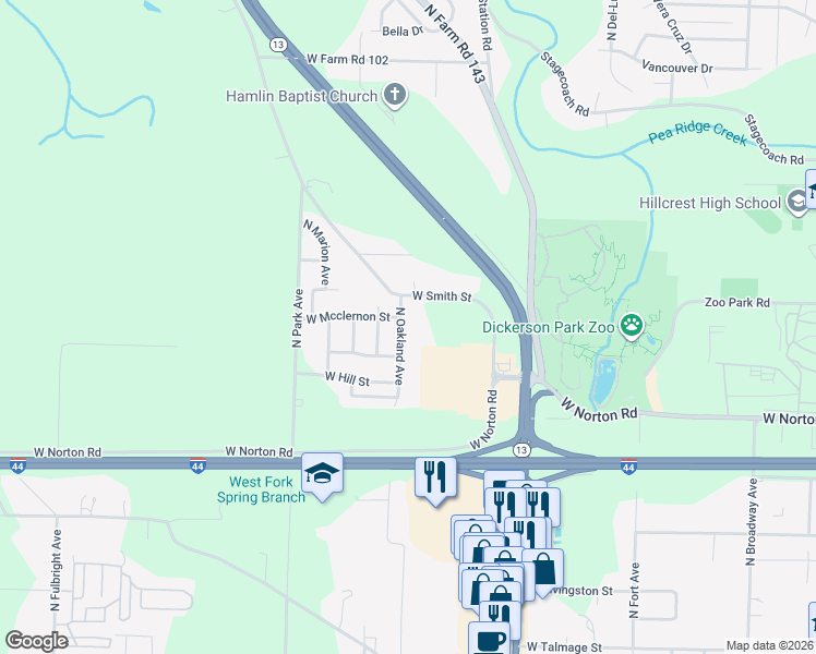 map of restaurants, bars, coffee shops, grocery stores, and more near 3108 North Oakland Avenue in Springfield