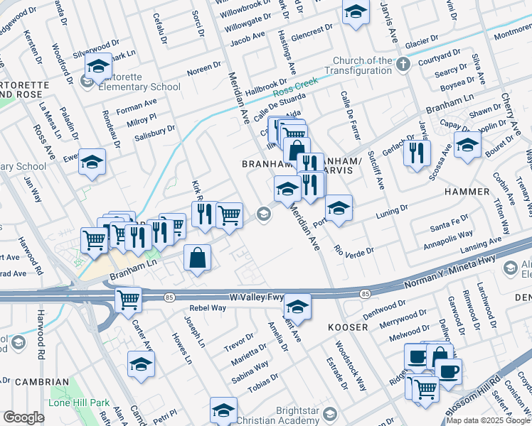 map of restaurants, bars, coffee shops, grocery stores, and more near 1571 Branham Lane in San Jose