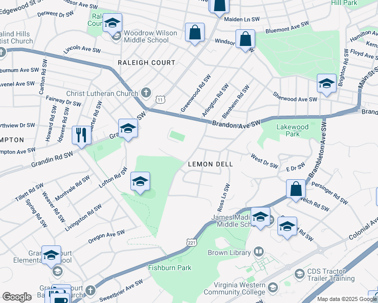 map of restaurants, bars, coffee shops, grocery stores, and more near 2229 Blenheim Road Southwest in Roanoke