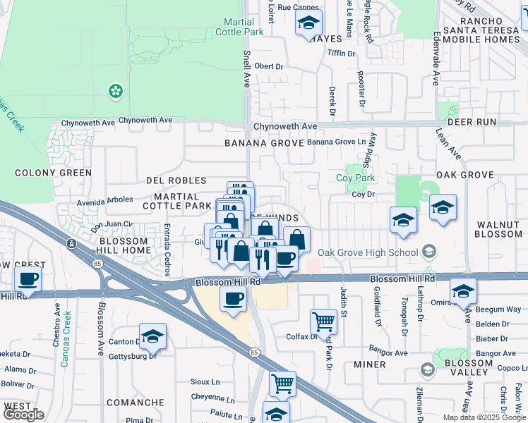 map of restaurants, bars, coffee shops, grocery stores, and more near 5535 Sean Circle in San Jose