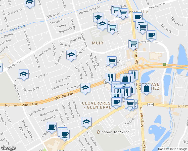 map of restaurants, bars, coffee shops, grocery stores, and more near 5092 Trenary Way in San Jose