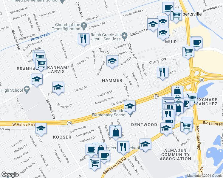 map of restaurants, bars, coffee shops, grocery stores, and more near 1363 Santa Fe Drive in San Jose