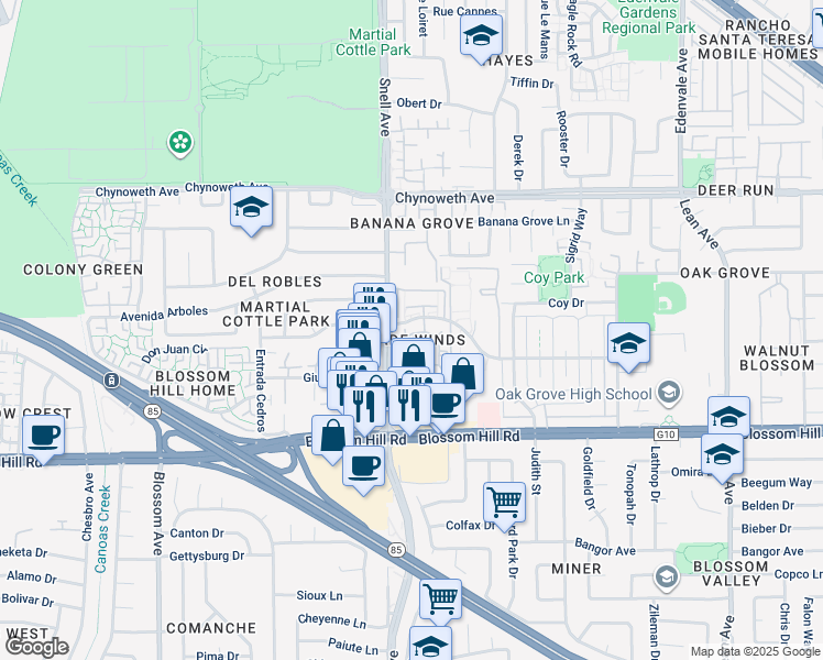 map of restaurants, bars, coffee shops, grocery stores, and more near 5535 Sean Circle in San Jose