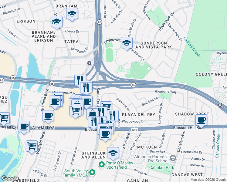 map of restaurants, bars, coffee shops, grocery stores, and more near 5412 Woodhurst Lane in San Jose