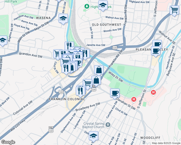 map of restaurants, bars, coffee shops, grocery stores, and more near 2024 Winston Avenue Southwest in Roanoke
