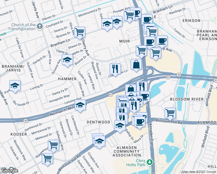 map of restaurants, bars, coffee shops, grocery stores, and more near 5050 Russo Drive in San Jose