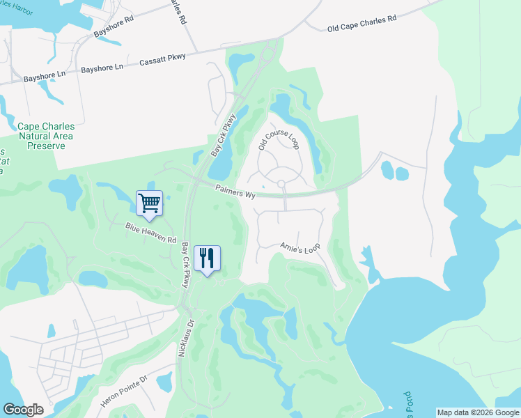 map of restaurants, bars, coffee shops, grocery stores, and more near 202 Arnies Loop in Cape Charles