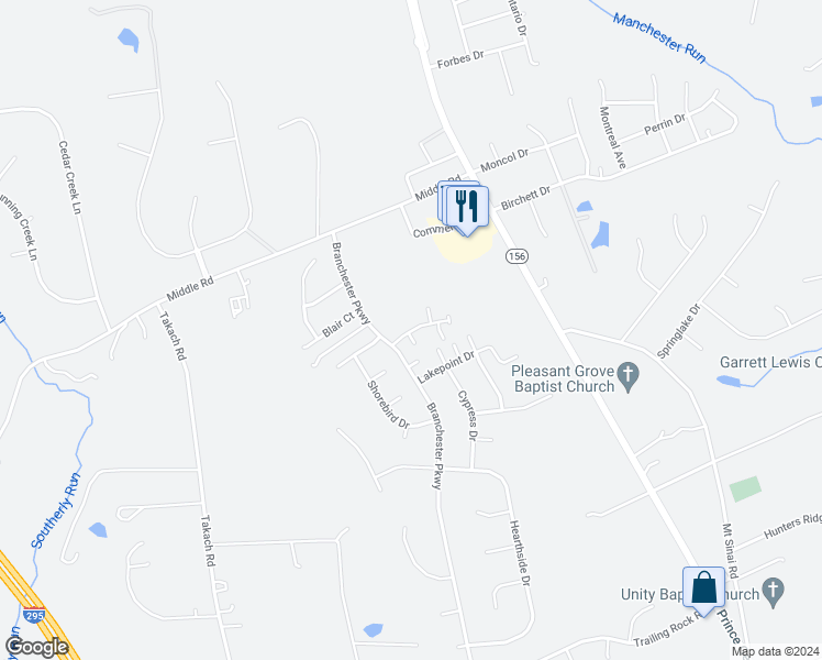 map of restaurants, bars, coffee shops, grocery stores, and more near 6600 Lakepoint Drive in Prince George