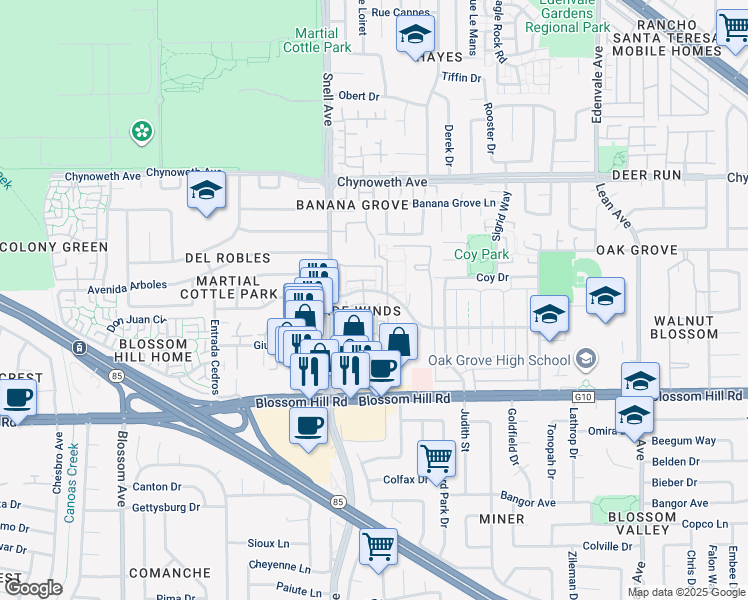 map of restaurants, bars, coffee shops, grocery stores, and more near 5476 Sean Circle in San Jose