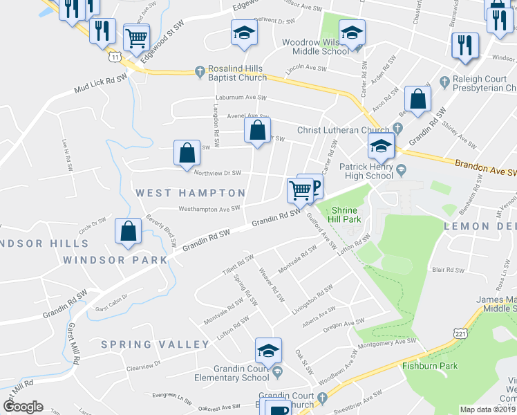 map of restaurants, bars, coffee shops, grocery stores, and more near 2502 Westhampton Avenue Southwest in Roanoke