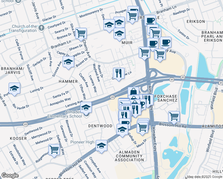 map of restaurants, bars, coffee shops, grocery stores, and more near 5050 Russo Drive in San Jose