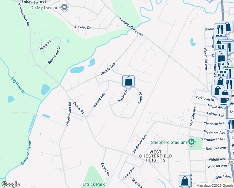 map of restaurants, bars, coffee shops, grocery stores, and more near 3305 Julep Drive in Ettrick
