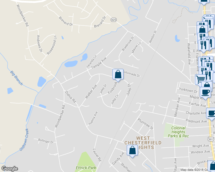 map of restaurants, bars, coffee shops, grocery stores, and more near 3305 Julep Drive in Colonial Heights