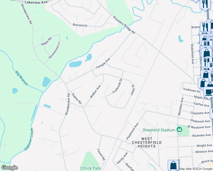 map of restaurants, bars, coffee shops, grocery stores, and more near 3308 Julep Drive in Colonial Heights