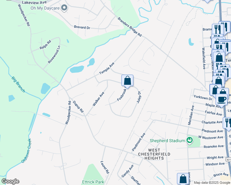 map of restaurants, bars, coffee shops, grocery stores, and more near 3305 Julep Drive in Ettrick