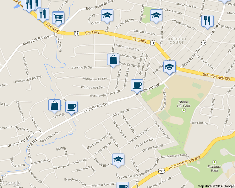 map of restaurants, bars, coffee shops, grocery stores, and more near 2418 Westhampton Avenue Southwest in Roanoke
