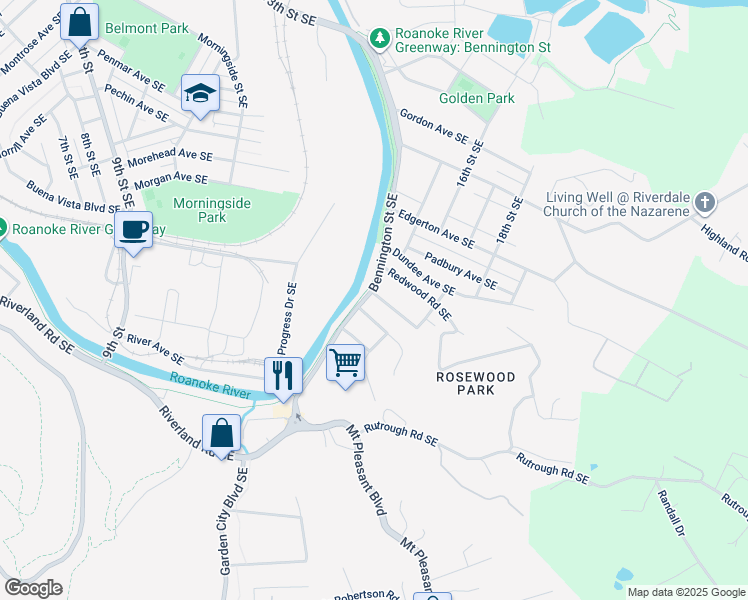map of restaurants, bars, coffee shops, grocery stores, and more near 1509 Riverside Terrace Southeast in Roanoke