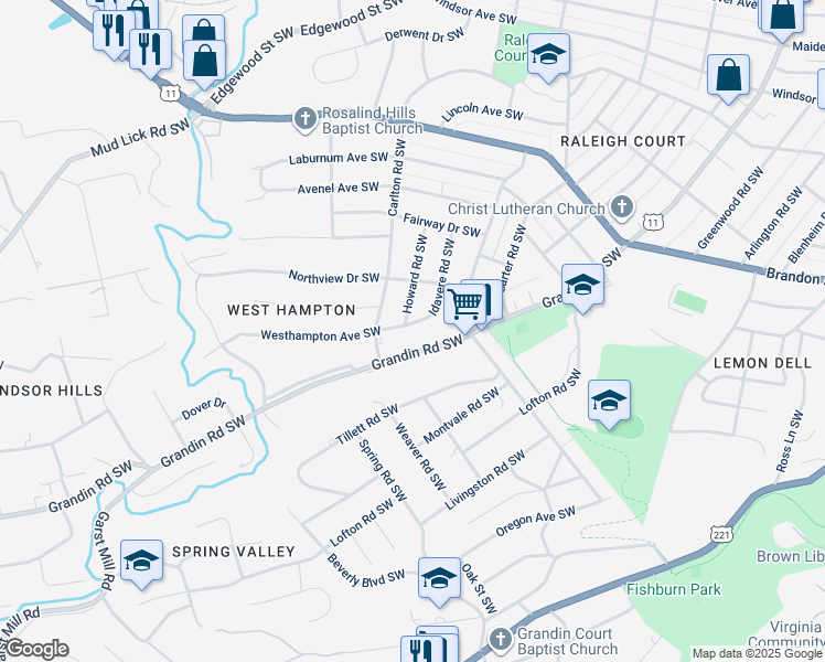 map of restaurants, bars, coffee shops, grocery stores, and more near 2418 Westhampton Avenue Southwest in Roanoke