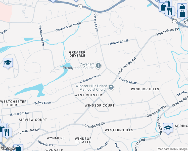 map of restaurants, bars, coffee shops, grocery stores, and more near 3757 Chesterton Street Southwest in Roanoke