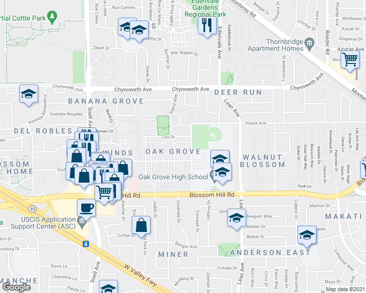 map of restaurants, bars, coffee shops, grocery stores, and more near 5468 Spinnaker Walkway in San Jose