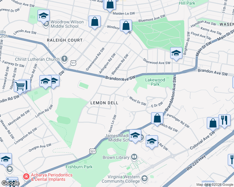 map of restaurants, bars, coffee shops, grocery stores, and more near 1615-1619 Center Hill Drive Southwest in Roanoke