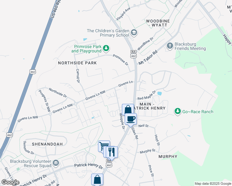 map of restaurants, bars, coffee shops, grocery stores, and more near 198 Givens Lane in Blacksburg