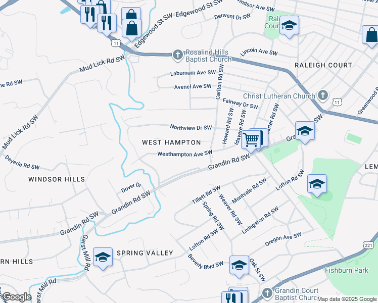 map of restaurants, bars, coffee shops, grocery stores, and more near 2637 Westhampton Avenue Southwest in Roanoke