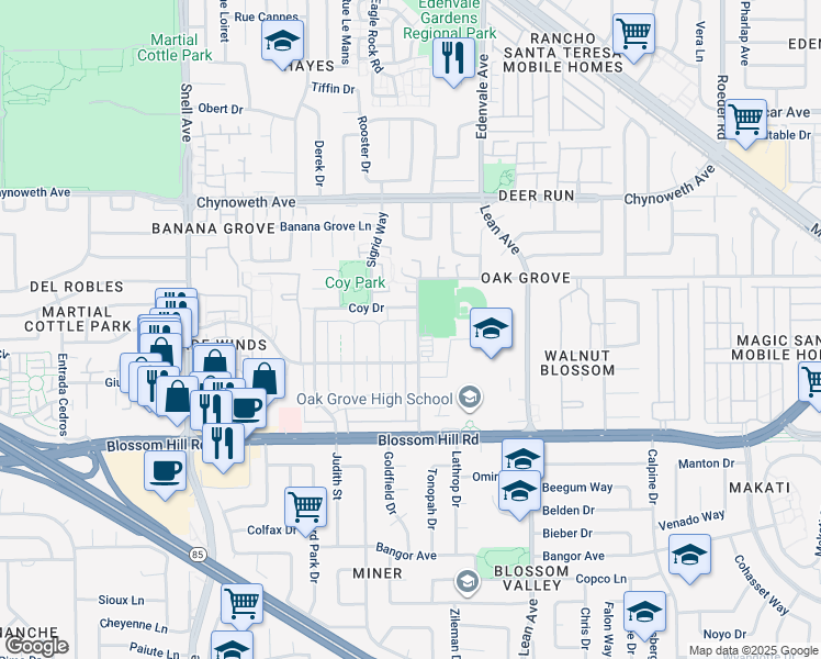 map of restaurants, bars, coffee shops, grocery stores, and more near 199 Coy Drive in San Jose